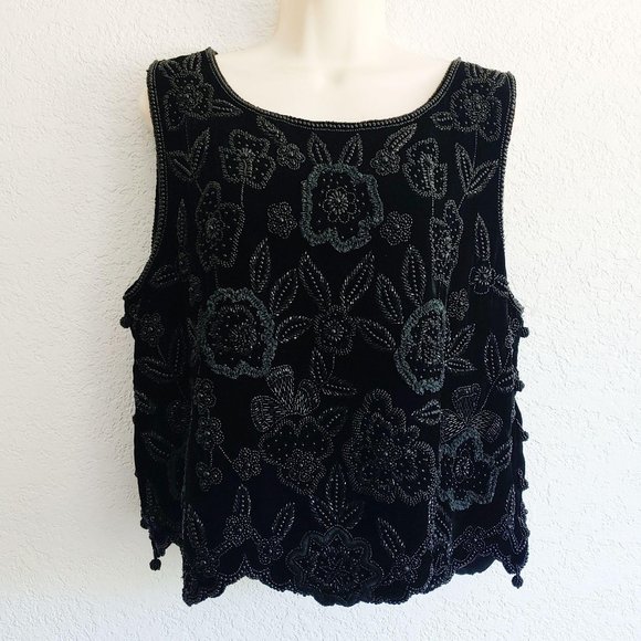 Vintage Tops - Vintage Black Beaded Floral Blouse